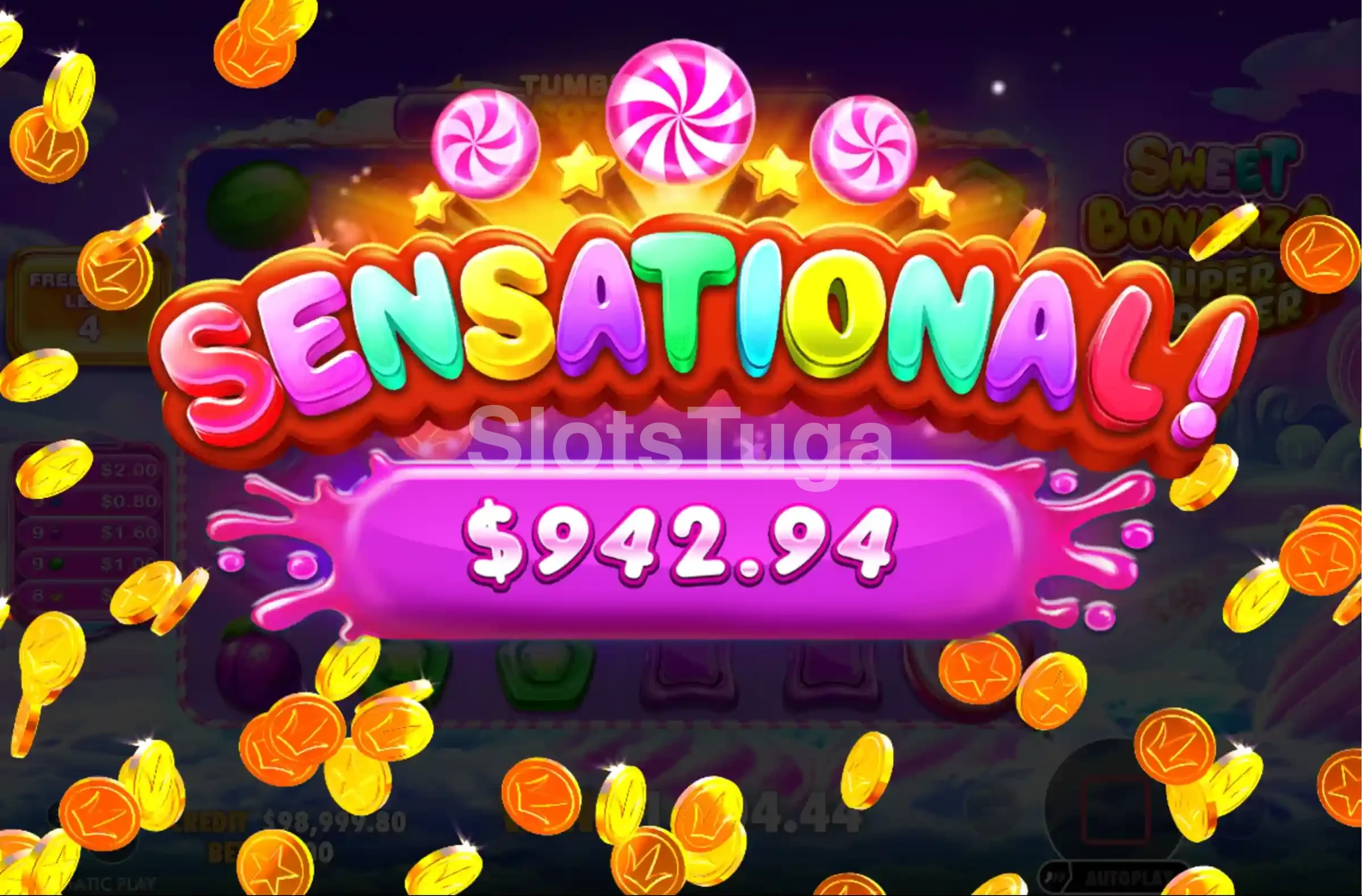 Tela de grande vitória na Sweet Bonanza Super Scatter com multiplicadores explosivos