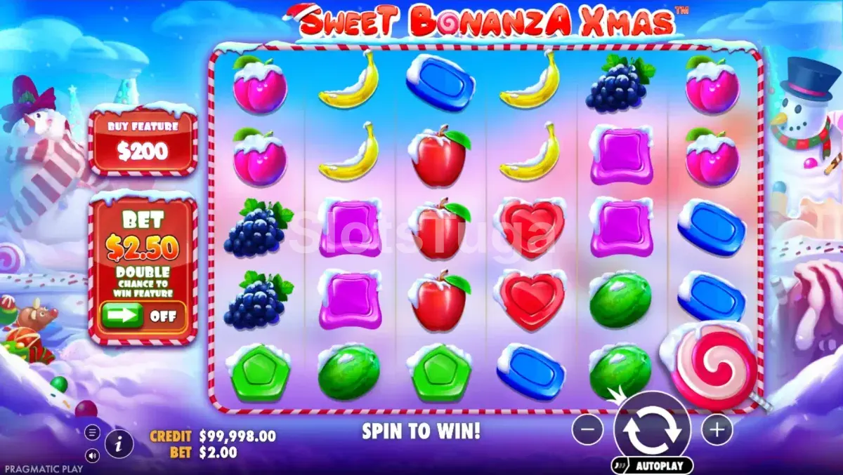 Tela principal do jogo Sweet Bonanza Xmas com grid de 6x5 e tema natalino