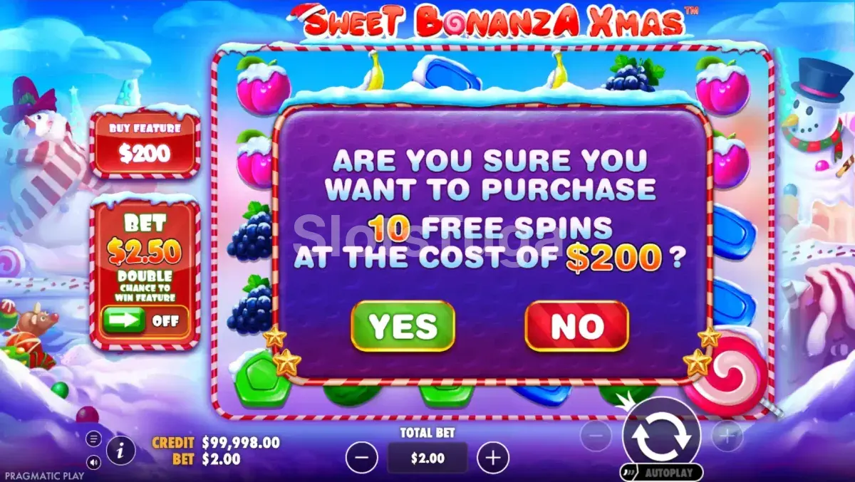 Tela de compra de bônus da Sweet Bonanza Xmas com botão Bonus Buy destacado