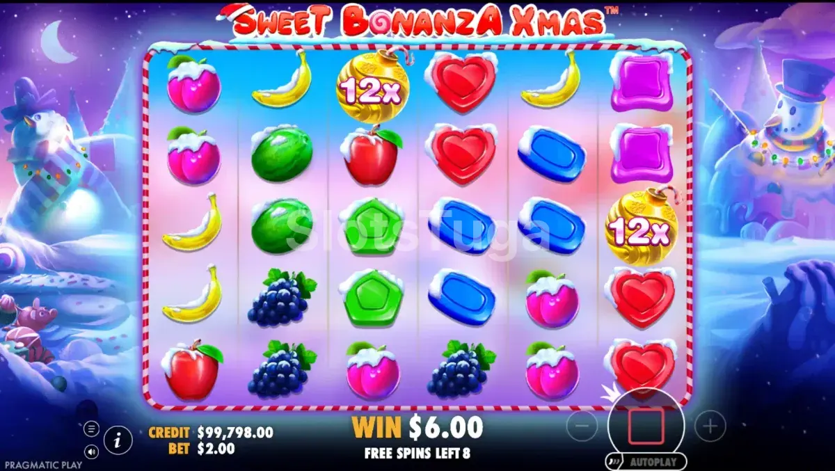 Rodadas grátis da Sweet Bonanza Xmas com multiplicadores ativos na grade