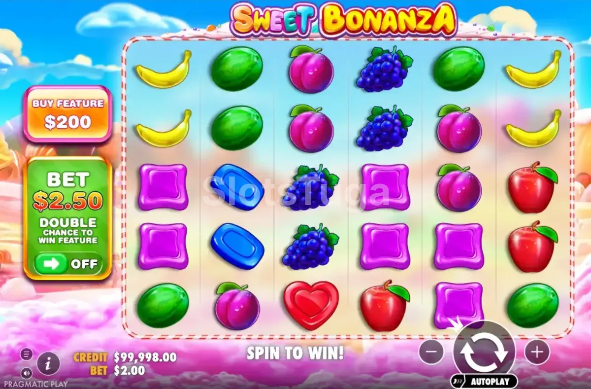 Sweet Bonanza em jogo base: uma grelha de seis por cinco com bananas, melancias, ameixas, uvas e maçãs ao lado de rebuçados roxos e azuis e um coração vermelho, sobre um céu de algodão doce, com a compra de funcionalidade e a aposta ante à esquerda.