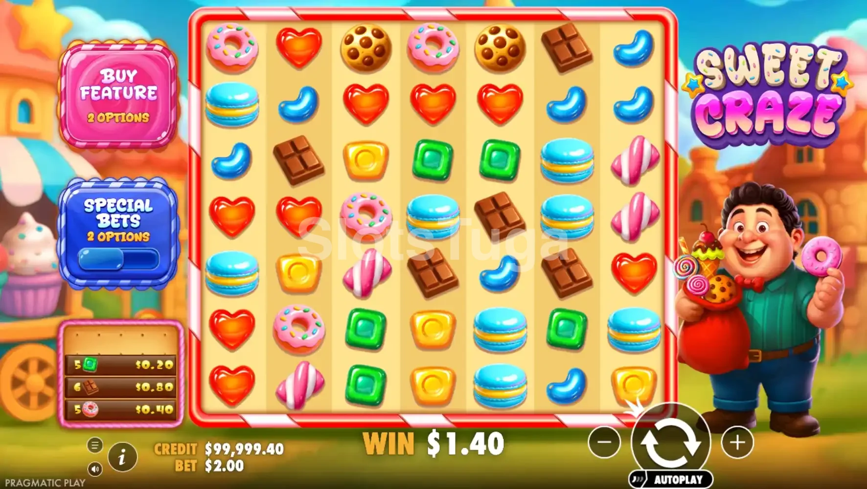 Tela principal da Sweet Craze com grid 7x7 e personagem simpático