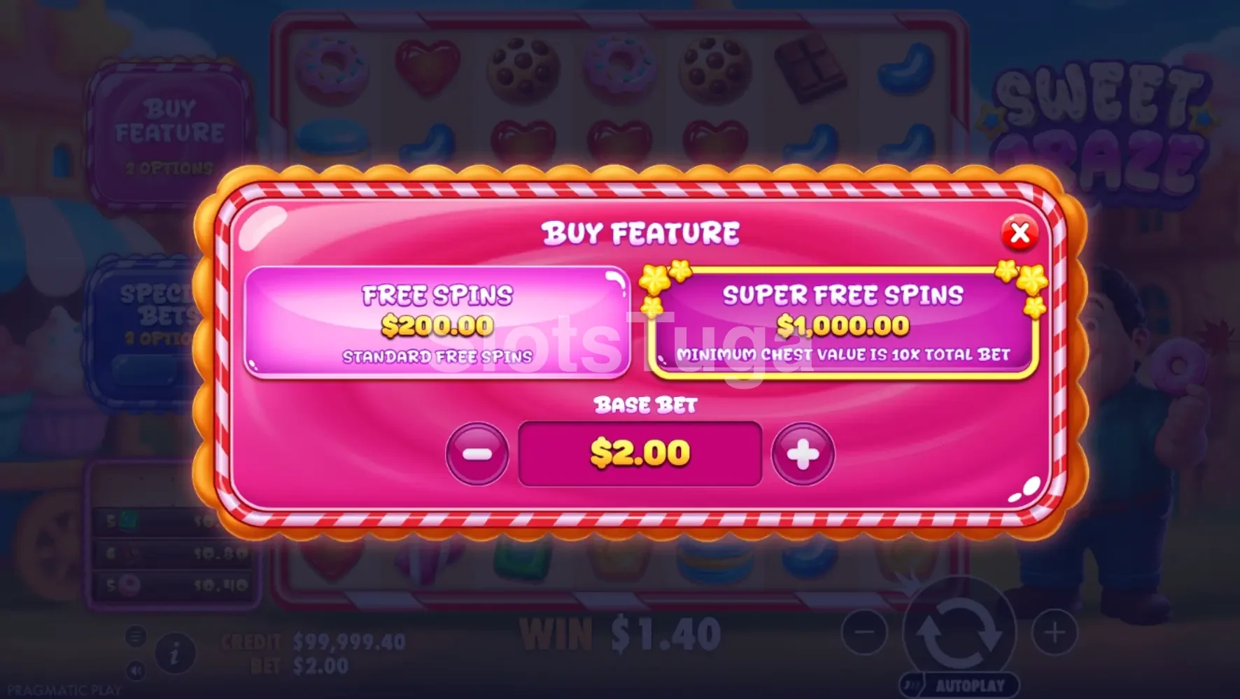 Menu de compra de bônus da Sweet Craze com todas as opções disponíveis