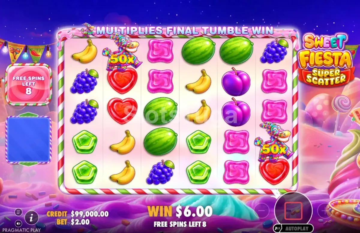 Rodadas grátis de Sweet Fiesta Super Scatter com multiplicadores