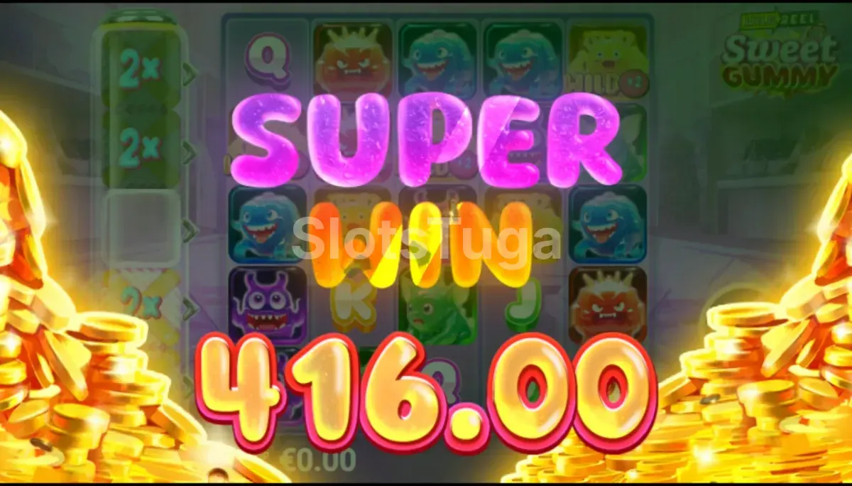 Tela de grande vitória na Sweet Gummy com multiplicador alto