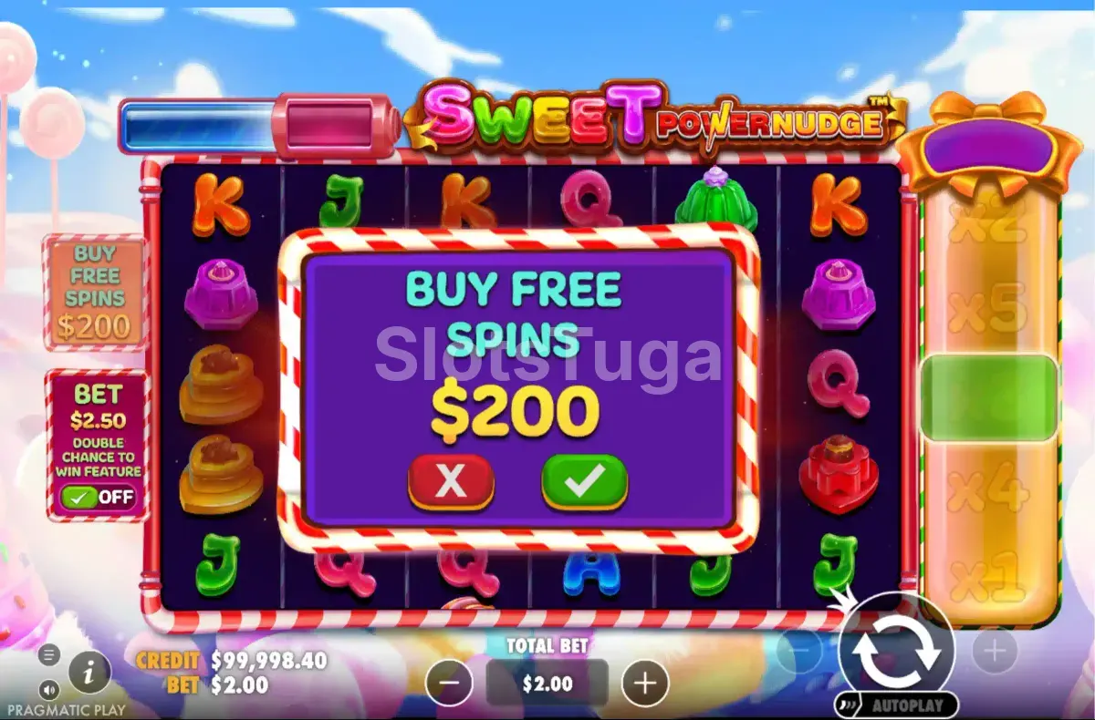 Tela de compra de bônus do Sweet Powernudge com opções disponíveis