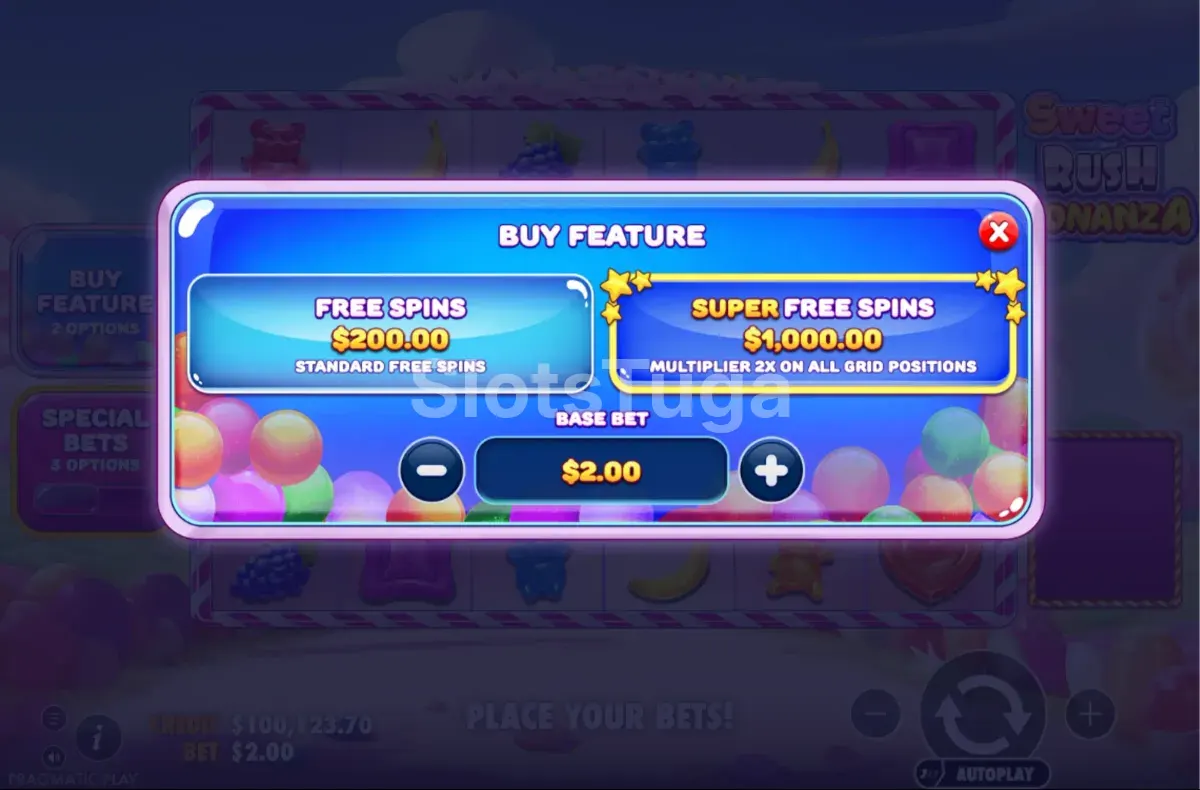 Menu de compra de bónus de Sweet Rush Bonanza