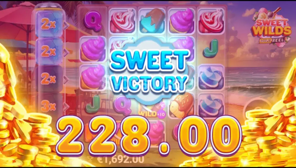 Tela de grande vitória na Sweet Wilds com multiplicador alto