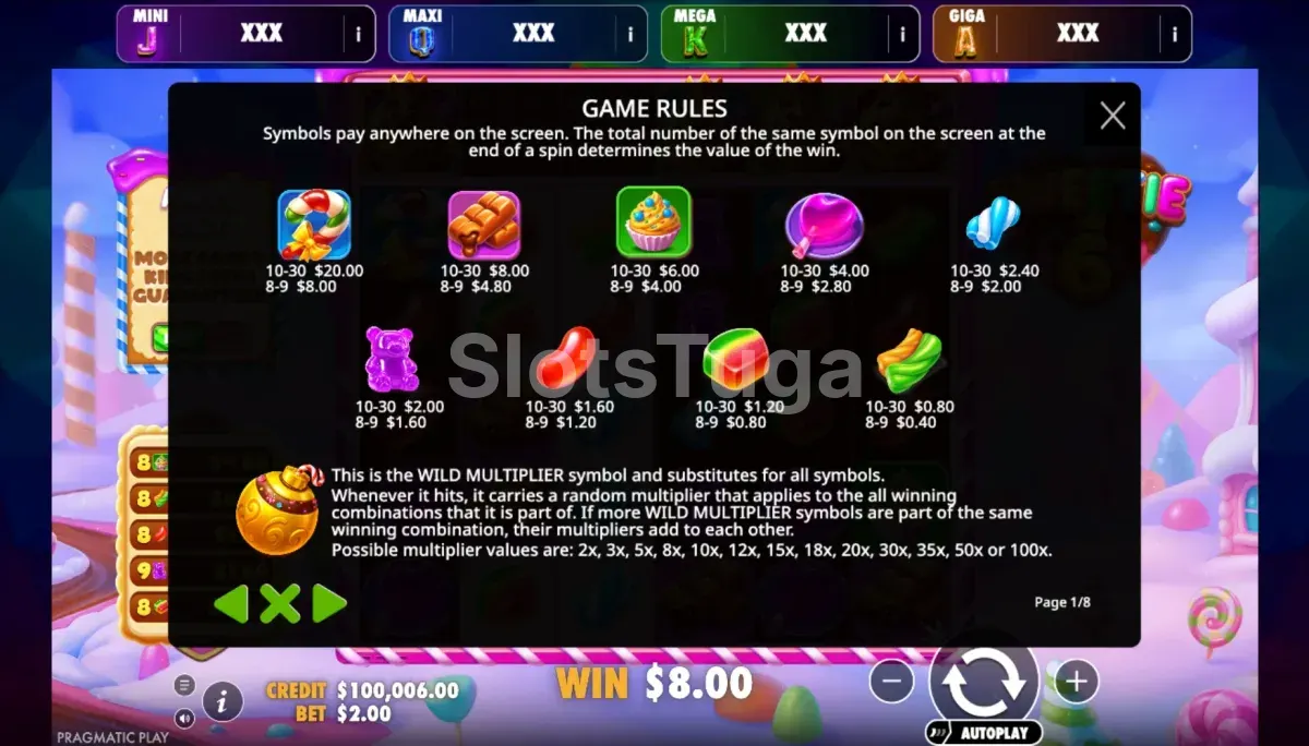 Tabela de pagamentos de Sweetie 6 com valores dos símbolos