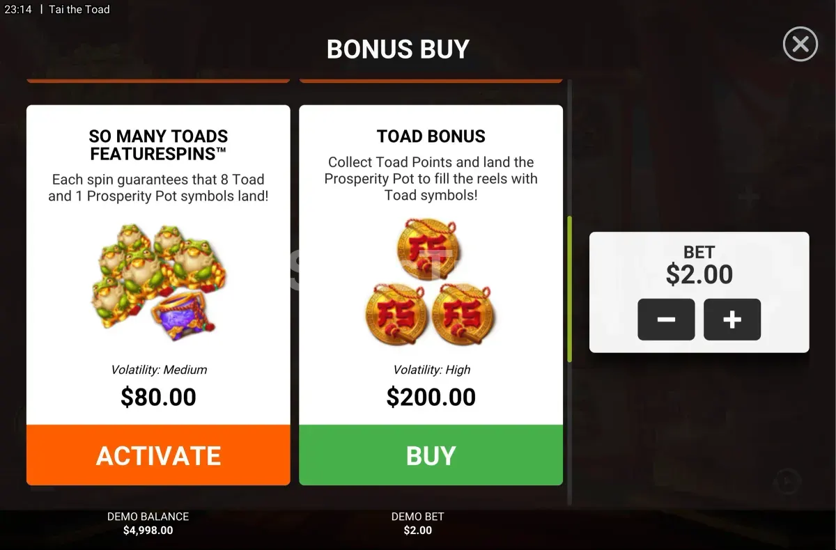 Tela de compra de bônus da slot Tai The Toad com opções disponíveis