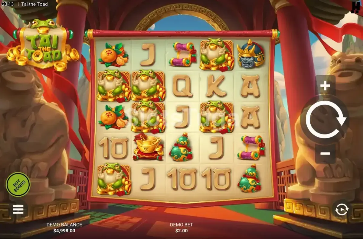 Jogo base da slot Tai The Toad com rouleaux e símbolos coloridos