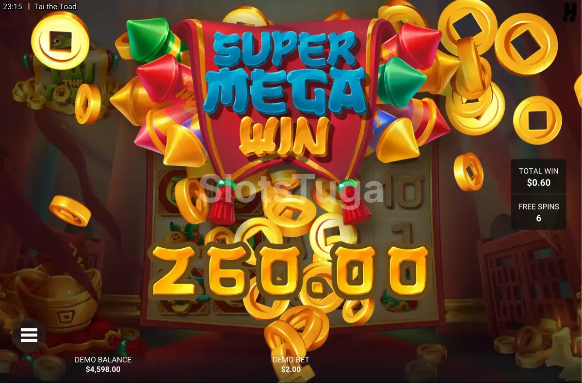 Grande vitória na slot Tai The Toad com animação de celebração do personagem