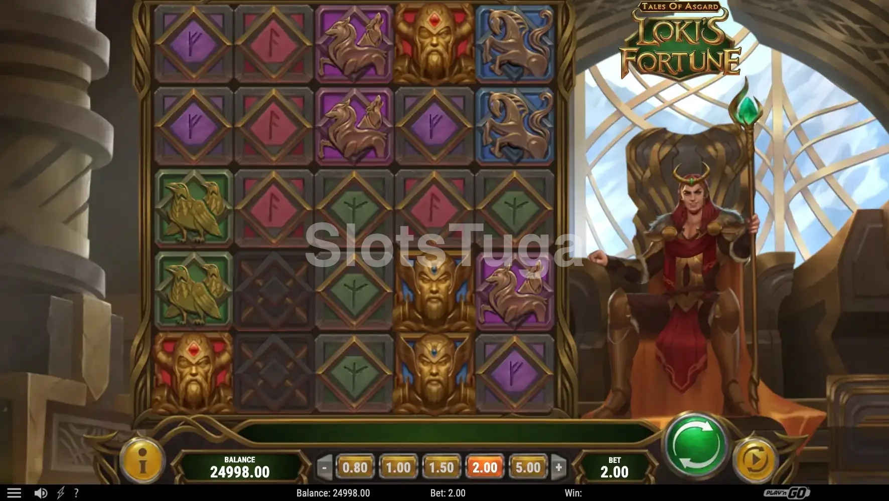 Tela principal do slot Tales of Asgard Lokis Fortune com o trono de Loki ao fundo