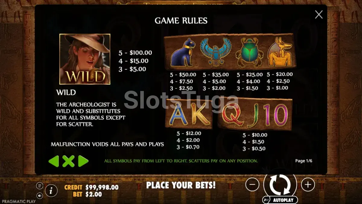 Tabela de pagamentos da slot Tales of Egypt