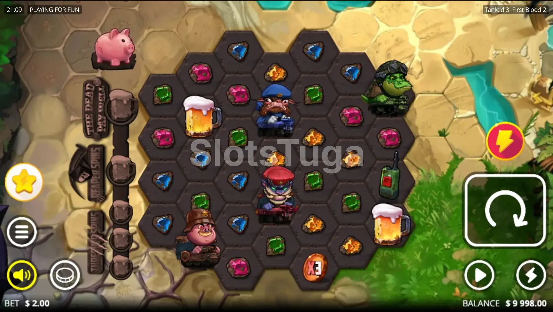 Base game da slot Tanked 3 First Blood 2 com grid expansível e personagens em combate