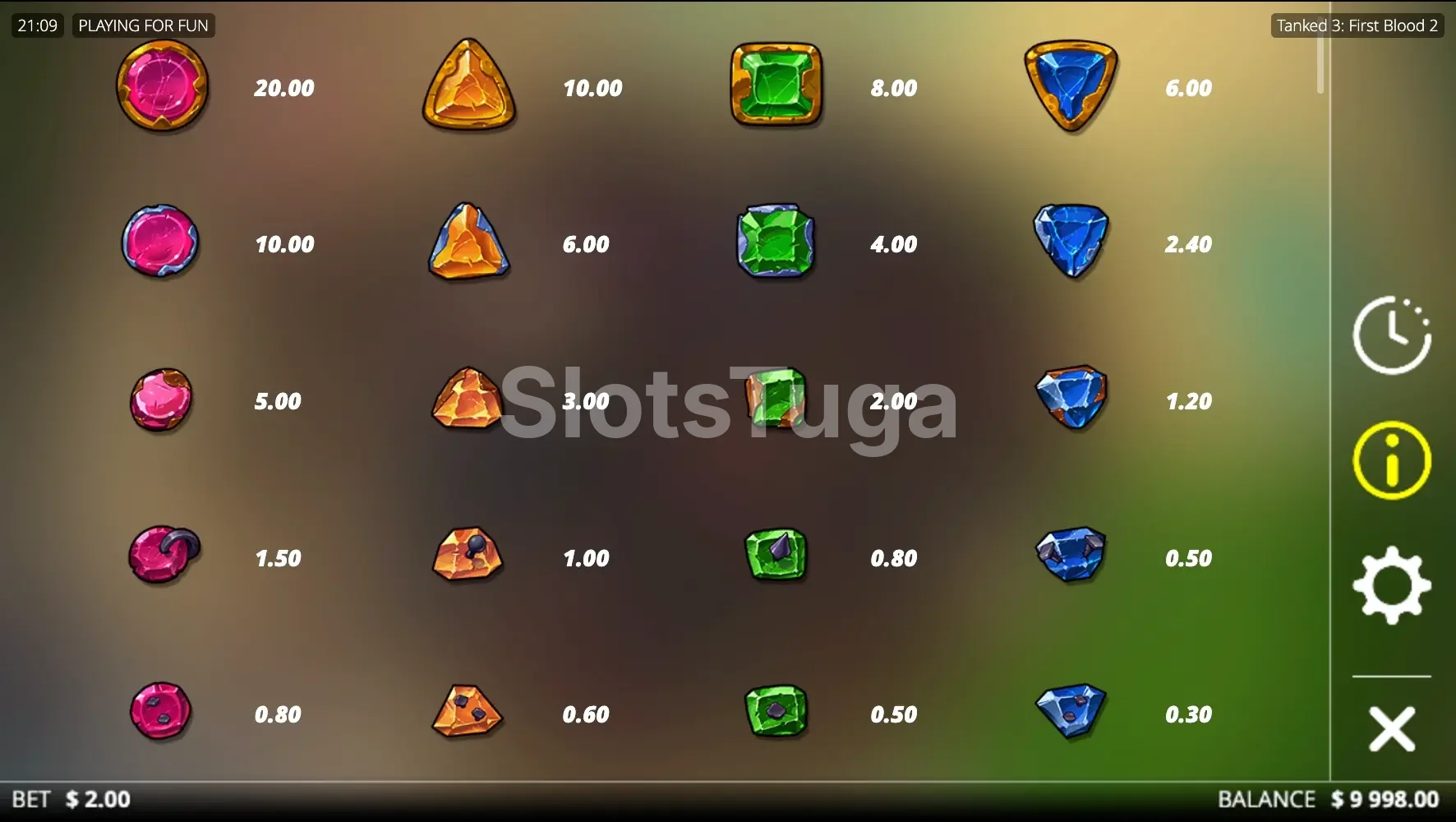 Tabela de pagamentos da Tanked 3 First Blood 2 mostrando valores das gemas por nível