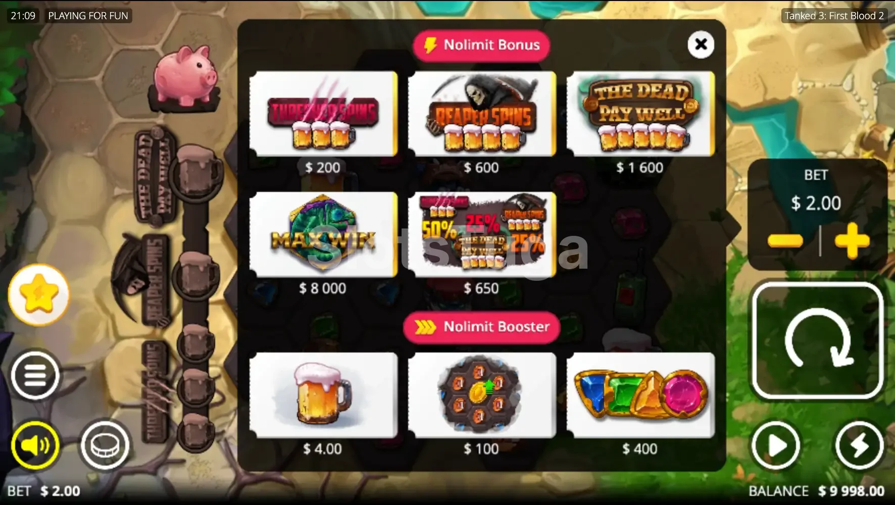 Menu de compra de bônus da Tanked 3 First Blood 2 com opções de feature buy