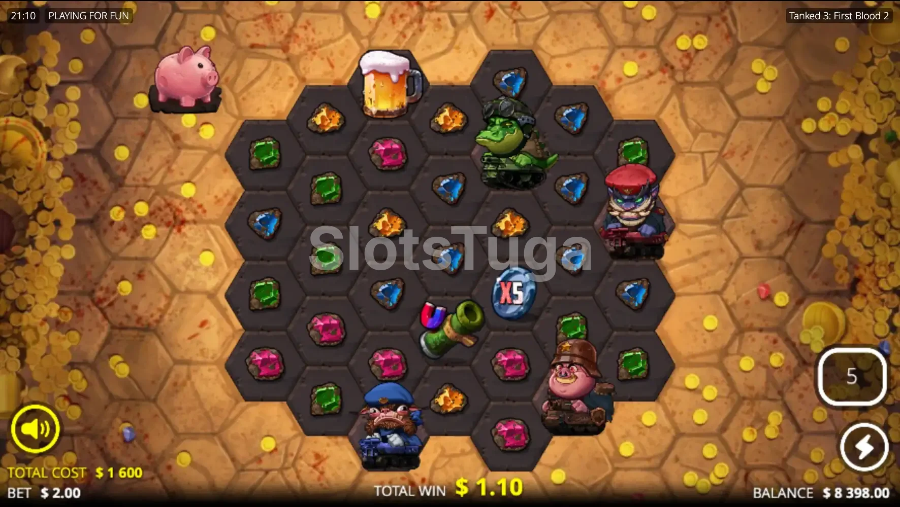 Rodada de giros grátis da Tanked 3 First Blood 2 com grid expandido e personagens ativos