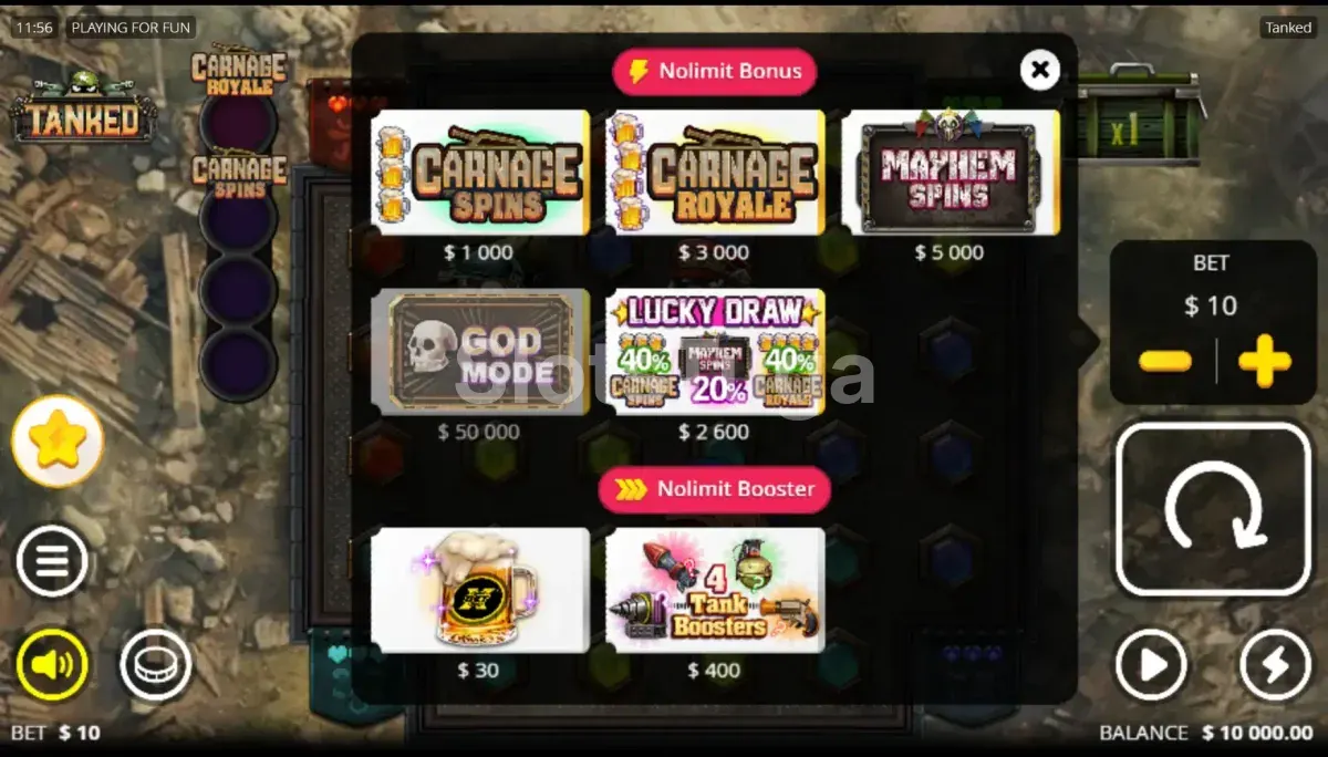 Tela de compra de bônus da slot Tanked com opções disponíveis