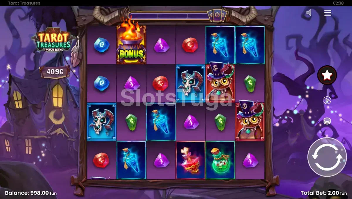 Base game da slot Tarot Treasures com grid 6x4 e atmosfera mágica
