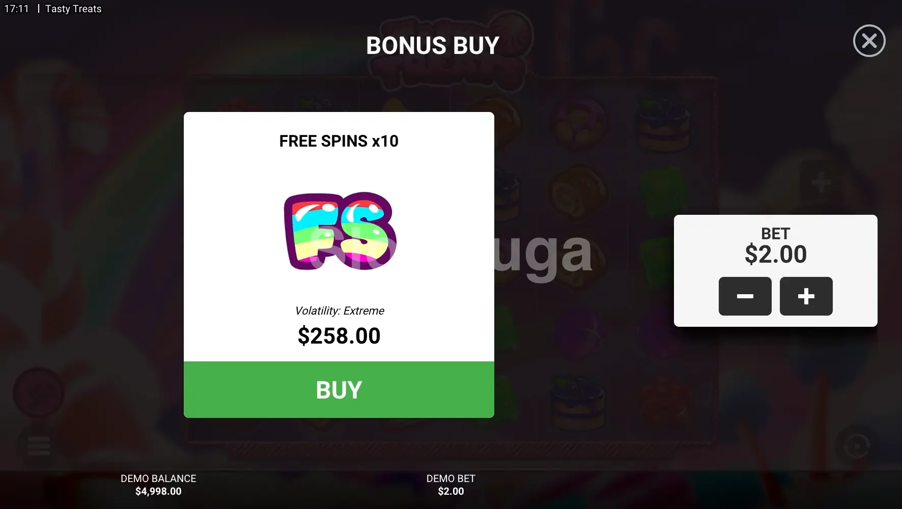 Compra de bônus na slot Tasty Treats por 129x a aposta