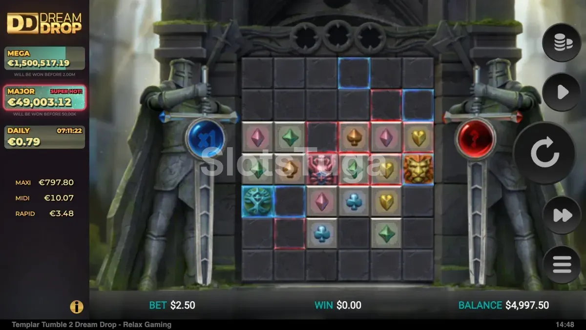 Tela principal do jogo Templar Tumble 2 Dream Drop com a grade de 6 rolos