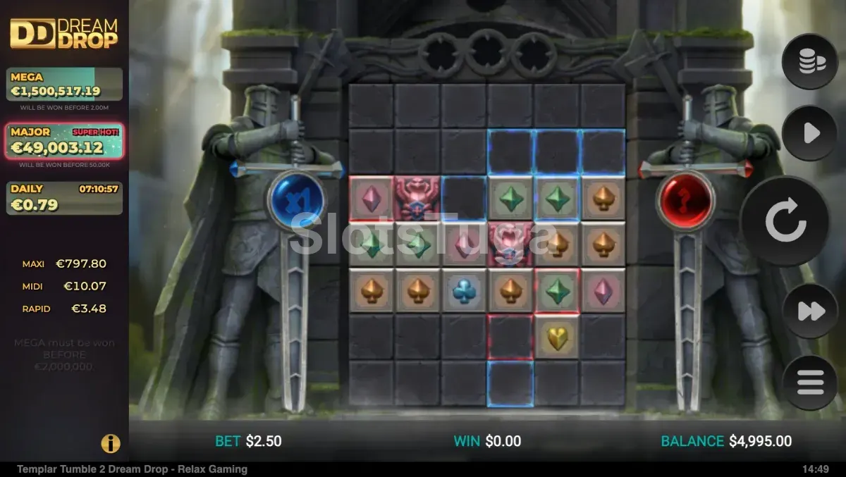 Segundo plano de jogo da Templar Tumble 2 Dream Drop durante sequência de tumbles