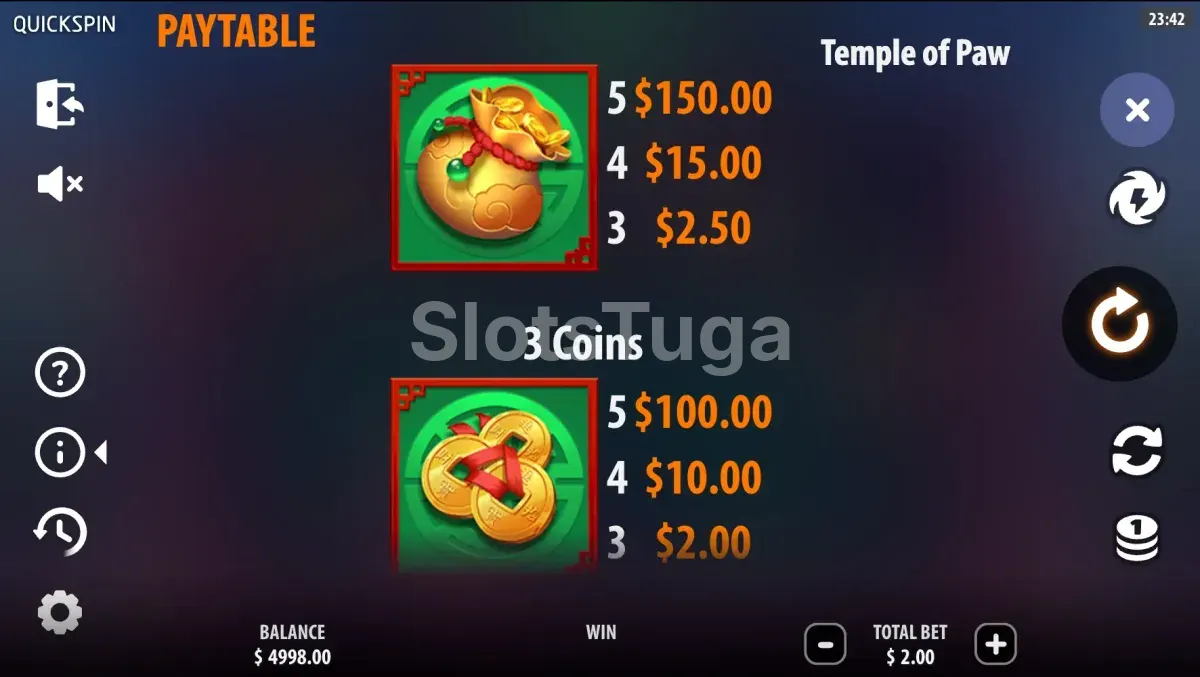 Tabela de pagamentos da slot Temple of Paw com os símbolos e seus valores