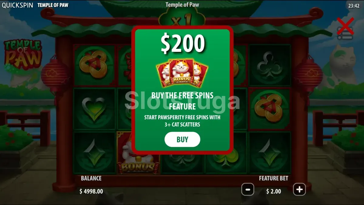 Tela de compra de bônus da slot Temple of Paw com o custo de 100x a aposta