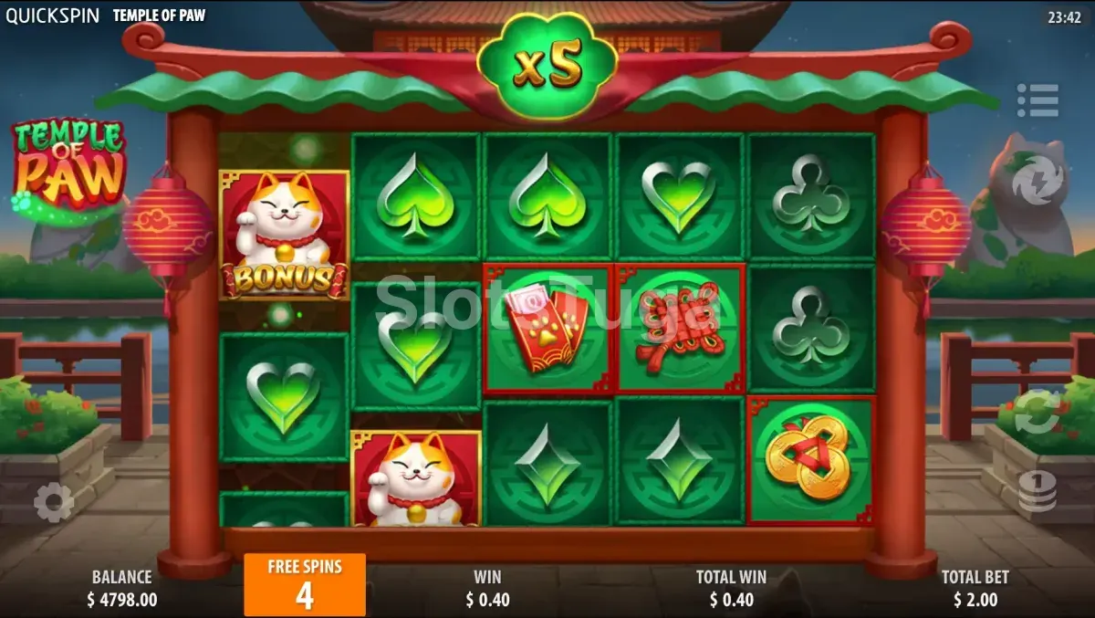 Tela do bônus de giros grátis Pawsperity da slot Temple of Paw