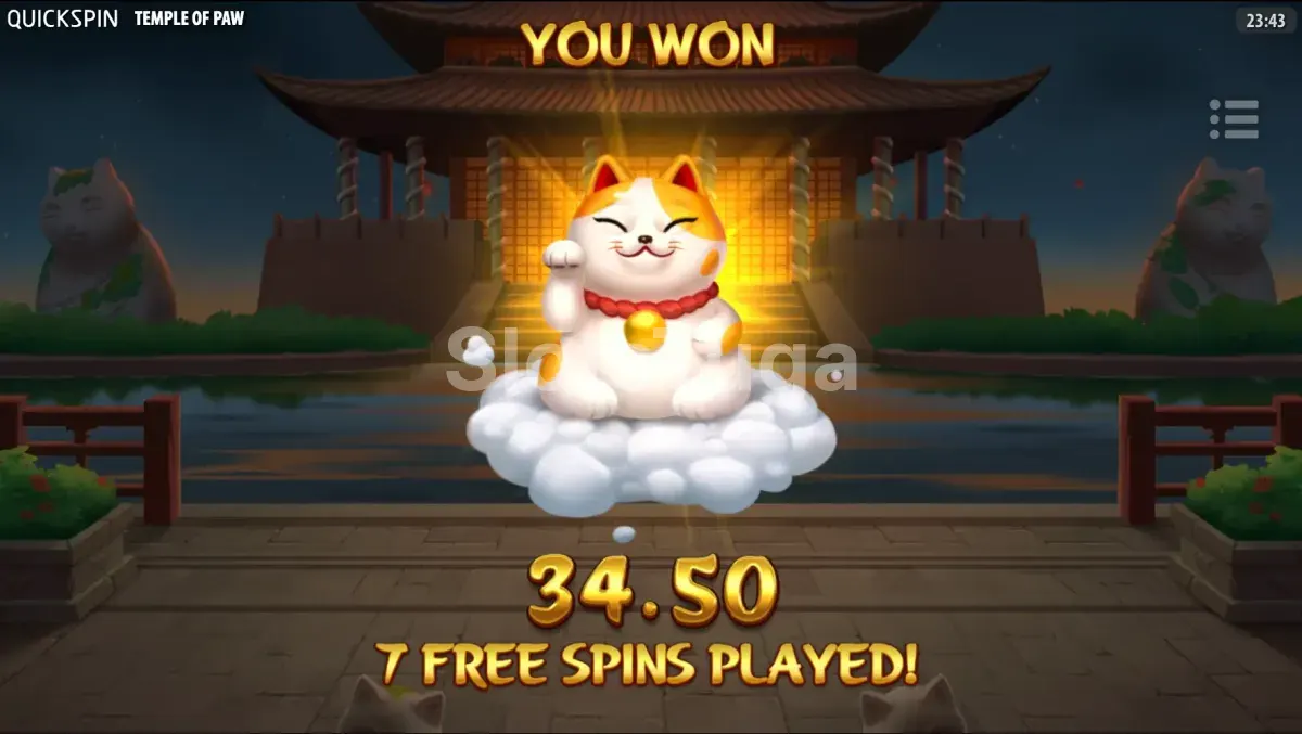 Tela de grande vitória na slot Temple of Paw com o multiplicador elevado