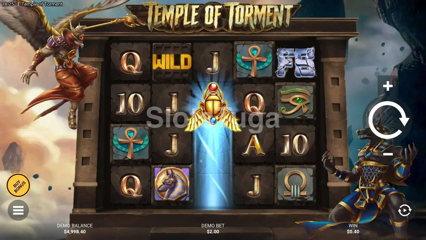 Jogo base da slot Temple of Torment com Ra e Anubis se enfrentando
