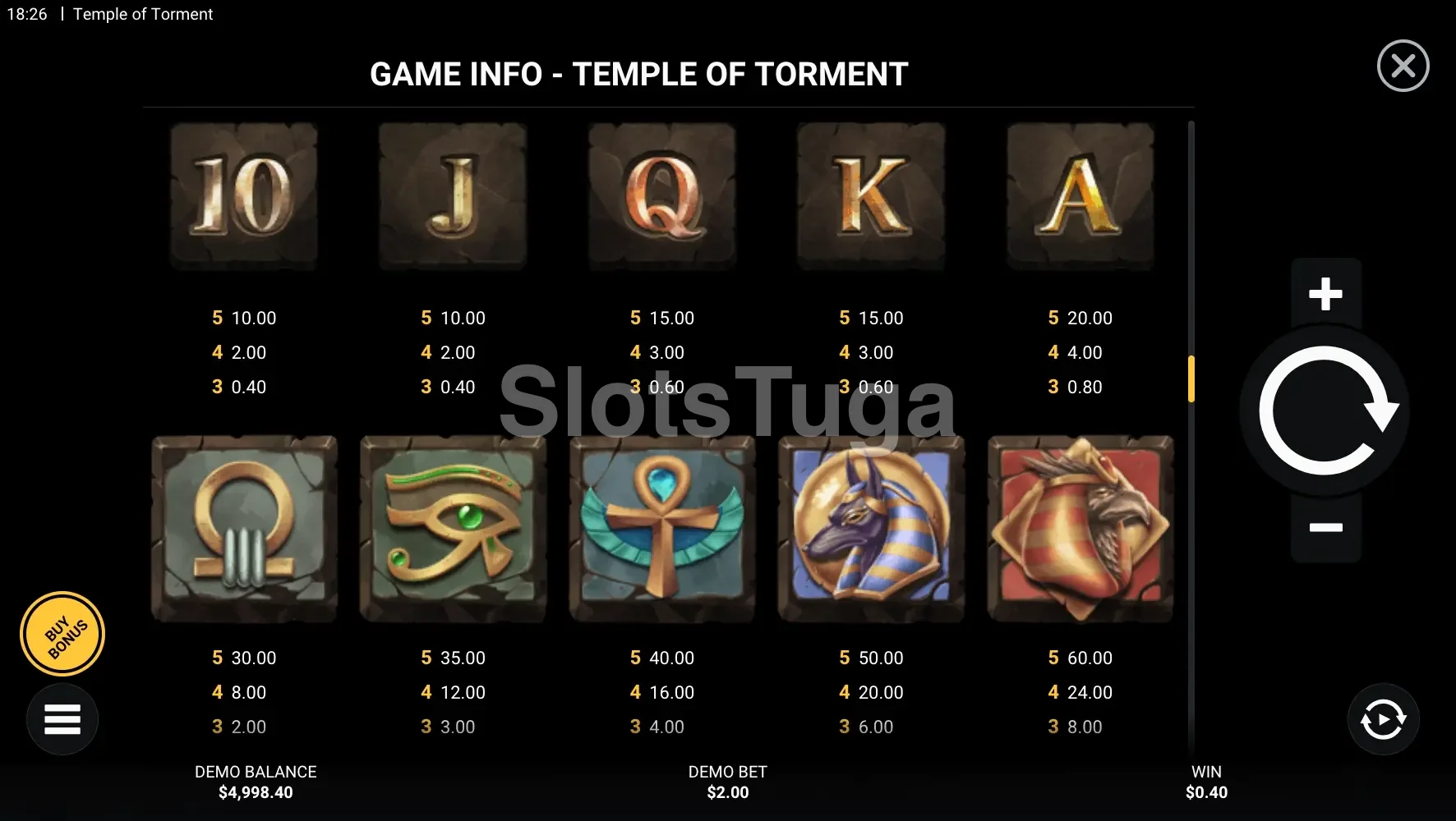Tabela de pagamentos completa da slot Temple of Torment