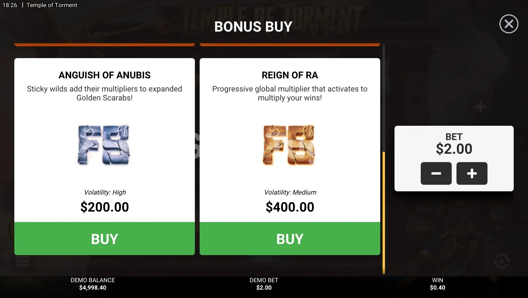 Menu de compra de bônus da slot Temple of Torment