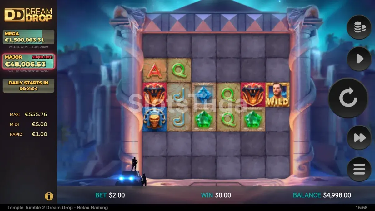 Tela principal do jogo Temple Tumble 2 com grid 6x6