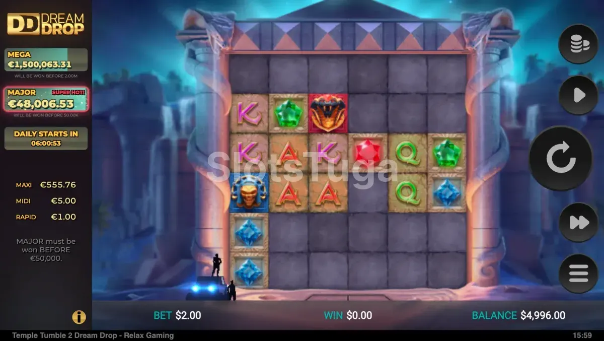 Segunda tela de gameplay da slot Temple Tumble 2 em ação