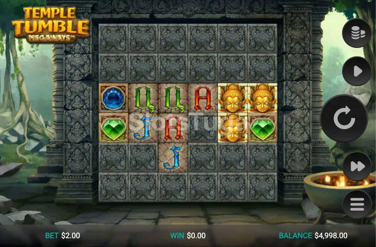 Tela principal do jogo Temple Tumble Megaways com os rouleaux em destaque