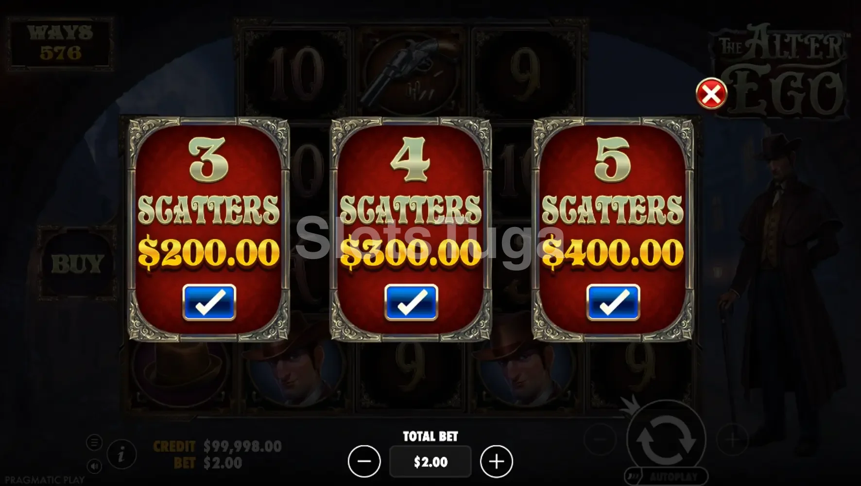 Tela de compra de bônus da slot The Alter Ego com três opções disponíveis