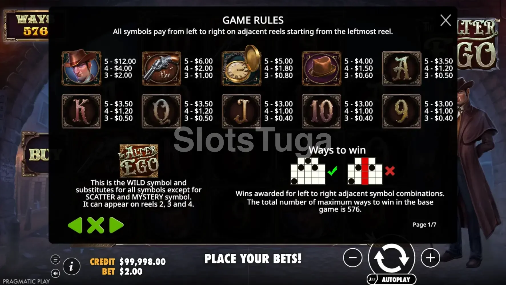 Tabela de pagamentos da slot The Alter Ego mostrando símbolos e multiplicadores