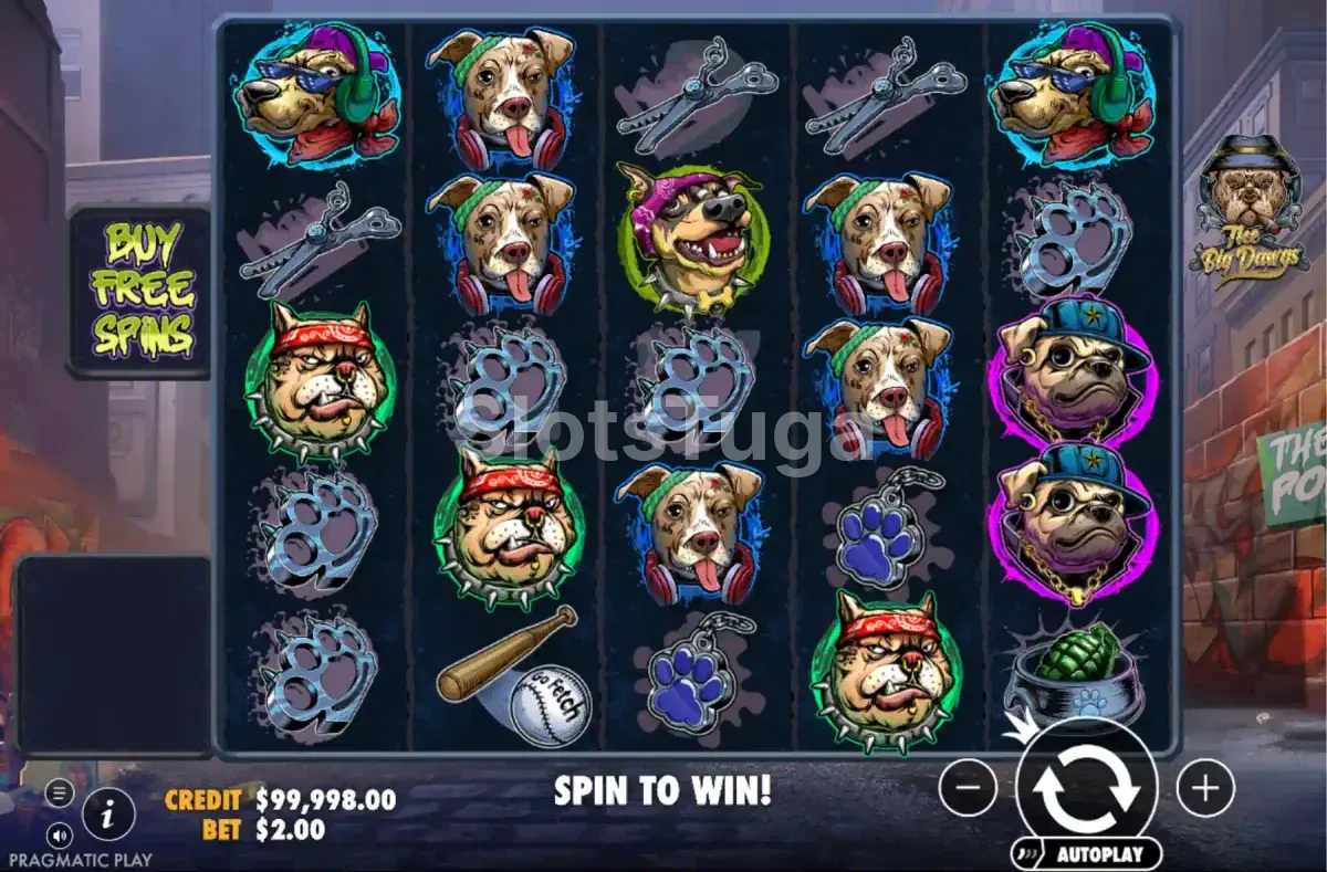 Jogo base da slot The Big Dawgs com grade 5x5 e temática hip-hop