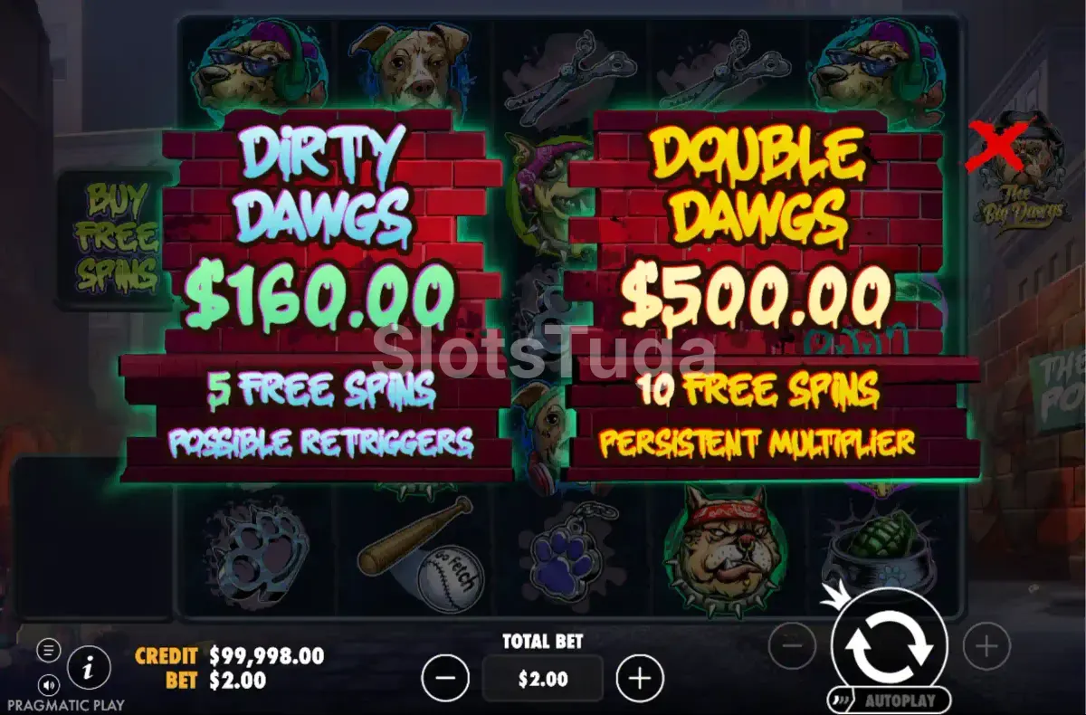 Tela de compra de bônus da slot The Big Dawgs com opções disponíveis