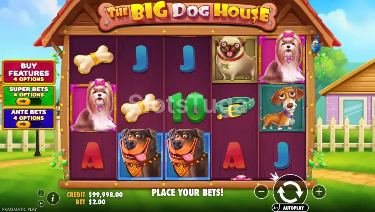 Jogo base da slot The Big Dog House com cachorros no bairro suburbano
