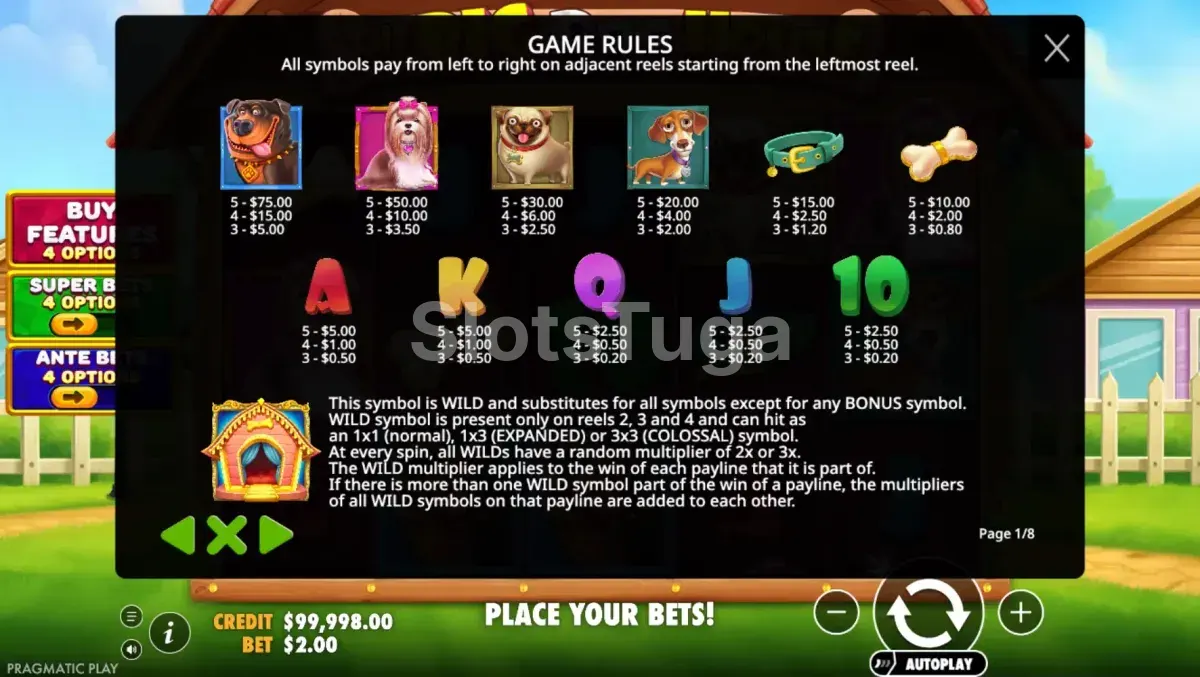 Tabela de pagamentos da slot The Big Dog House mostrando símbolos e valores