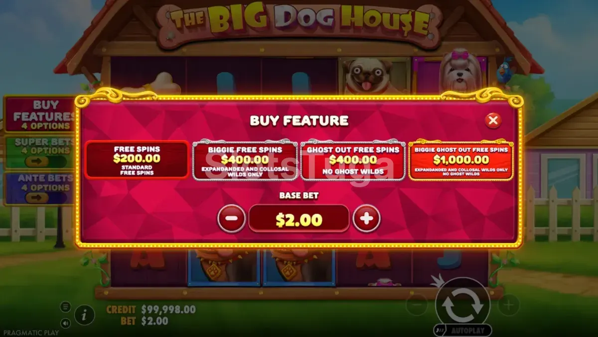 Menu de compra de bônus da slot The Big Dog House com todas as opções disponíveis
