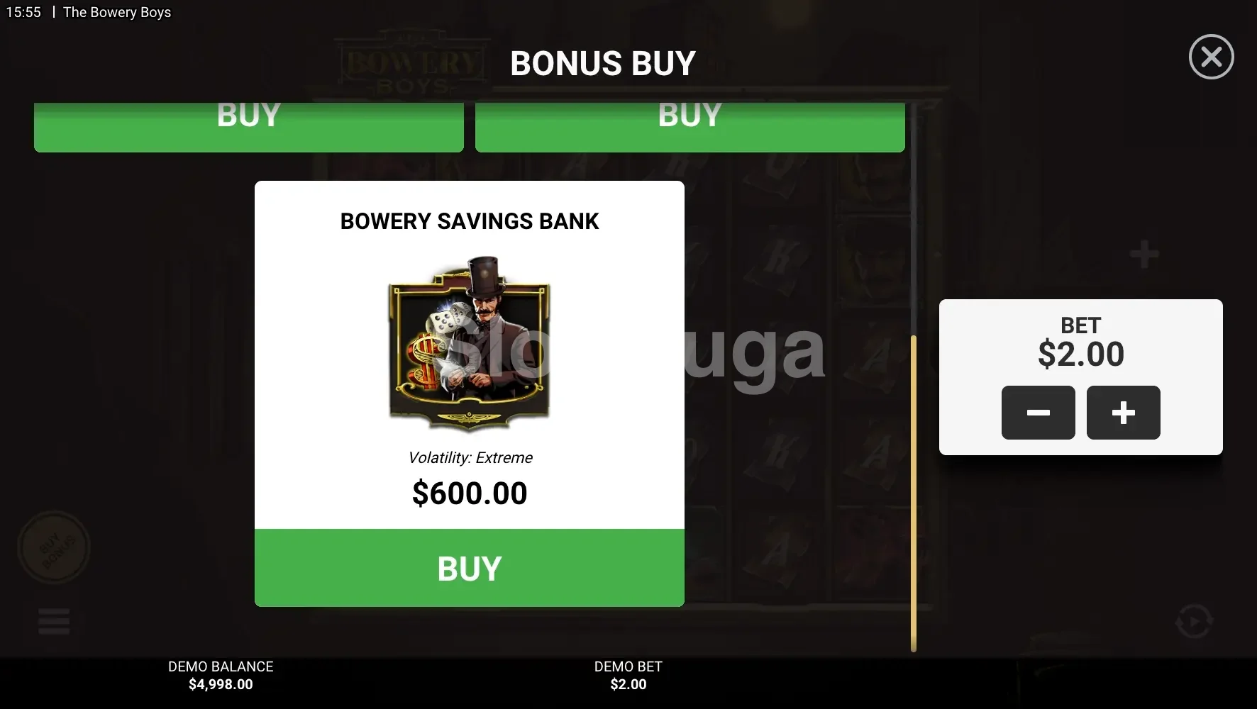 Tela de compra de bônus do The Bowery Boys da Hacksaw Gaming