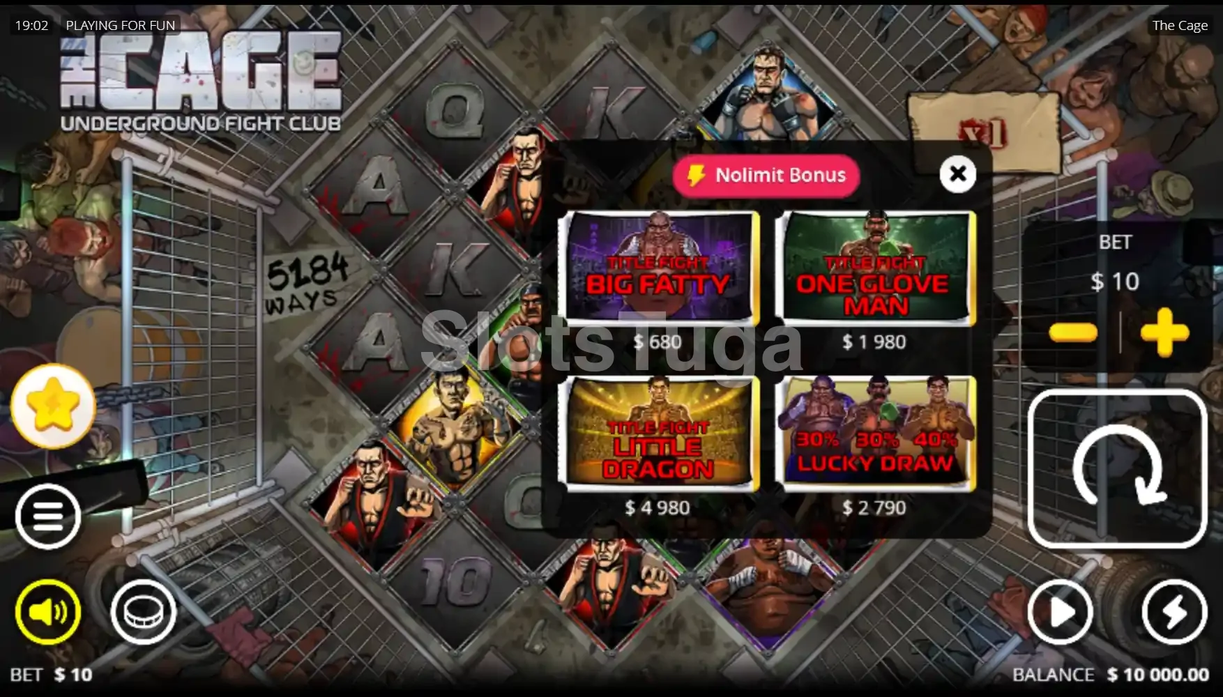 Tela de compra de bônus da slot The Cage
