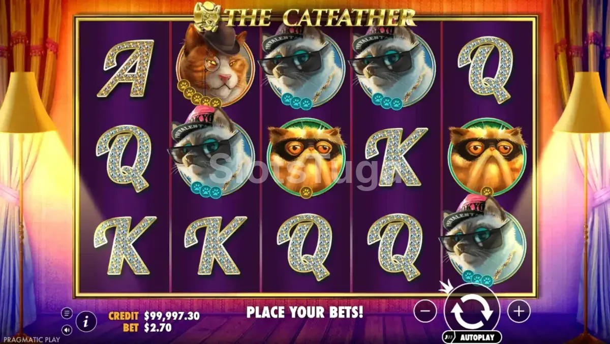 Jogo base da slot The Catfather com gatos mafiosos nos rolos