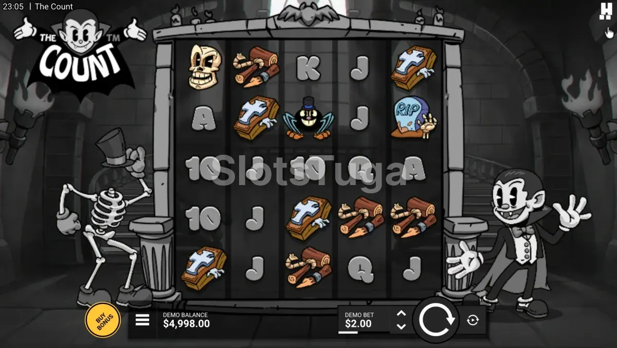 Tela principal do The Count com grid 5x5 e personagem vampiro