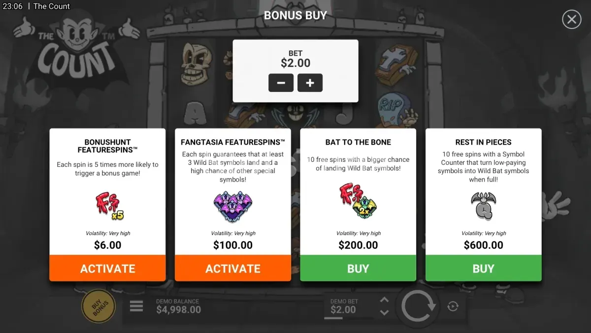 Menu de compra de bônus do The Count com todas as opções disponíveis