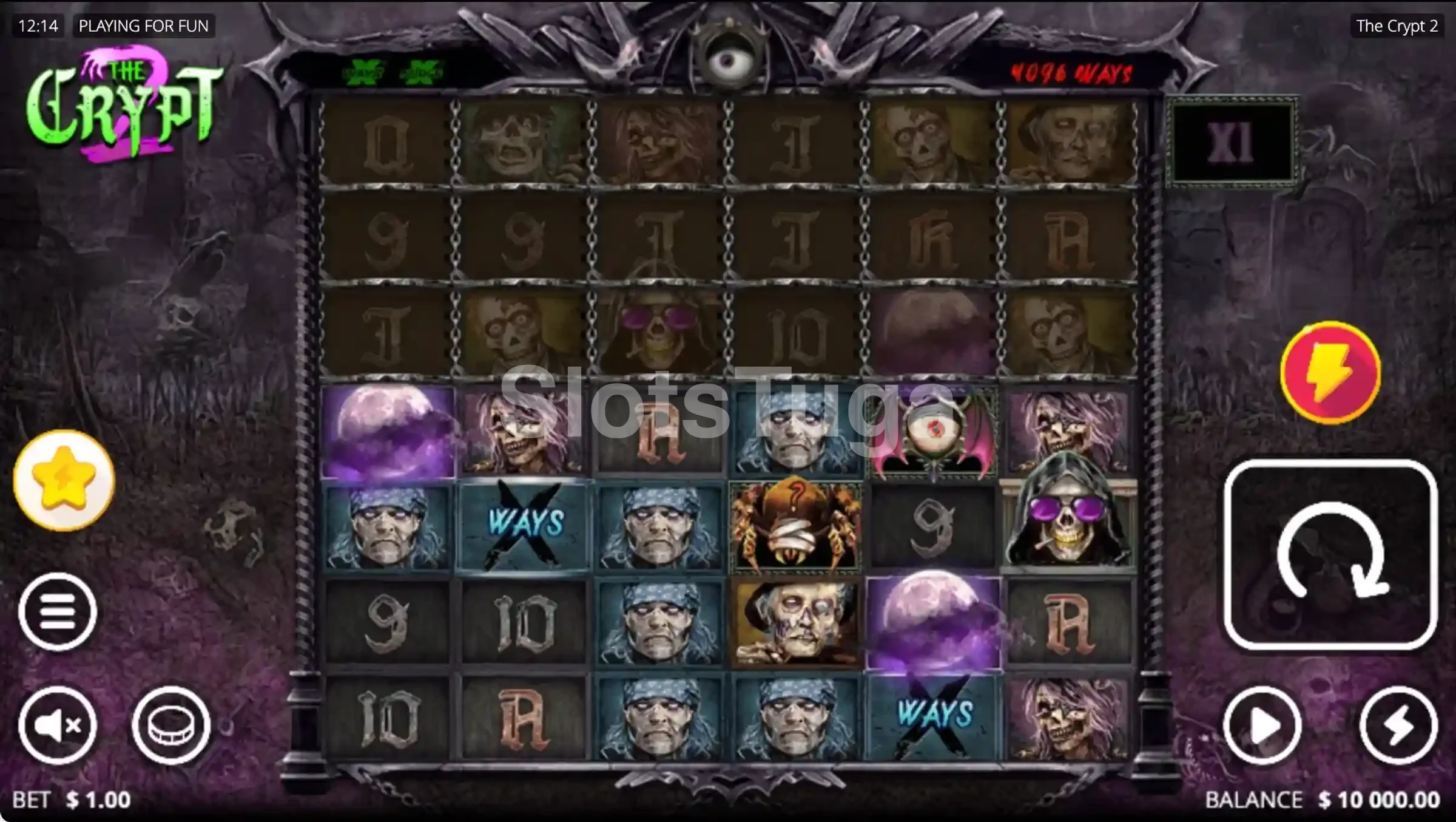 The Crypt 2: seis colunas de zombies e caveiras dentro de uma cripta, com símbolos xWays e o contador de formas de ganhar no topo.
